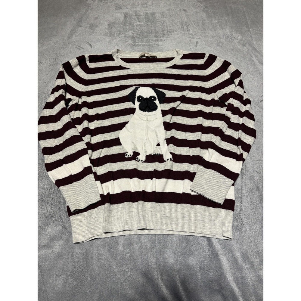 LOFT Sweater Womens L Maroon Stripe Pug Dog Graphic Crew Neck Knit Pullover